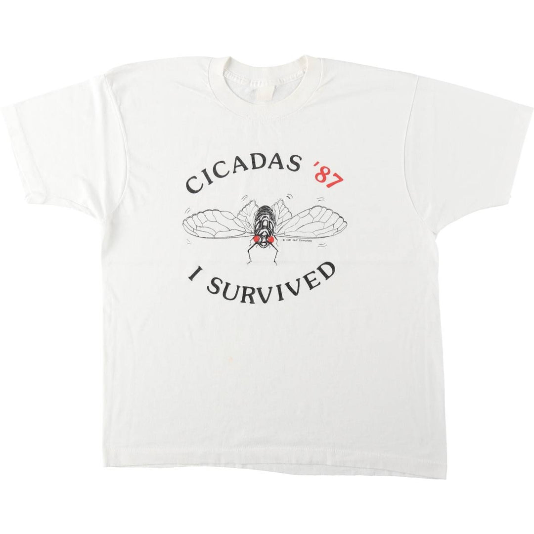 80'S printed T-shirt, men's size M equivalent, vintage. unclear white type Vintage Second Hand