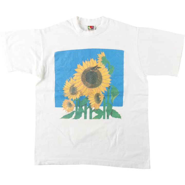 2000'S Fruit of the Loom Sunflower Pattern Floral Print T-Shirt, Made in Canada, Men's Size M (approx.) cotton white type Vintage Second Hand