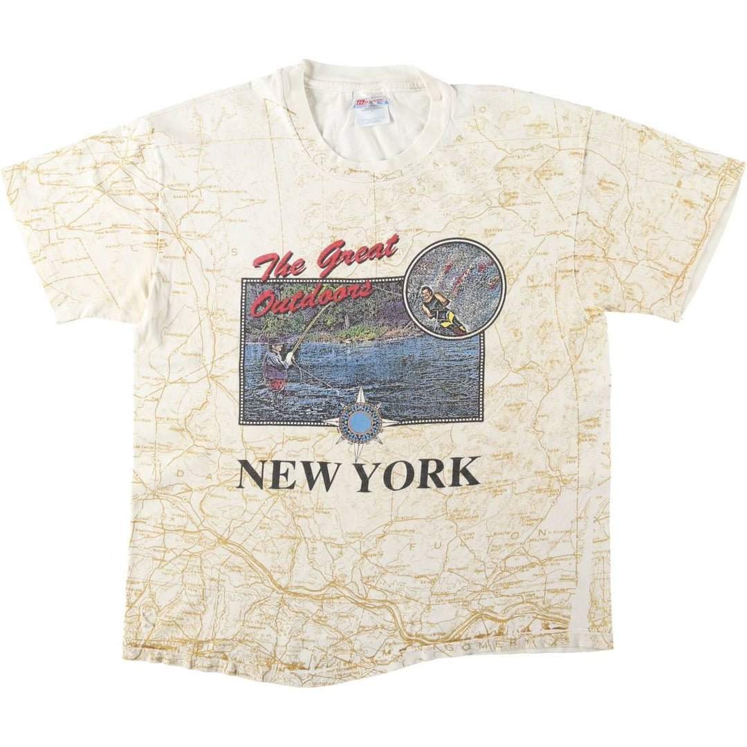 90'S Hanes BEEFY-T All-Over Print T-Shirt, Made in USA, Men's Size L (approx.) cotton Beige type Vintage Second Hand