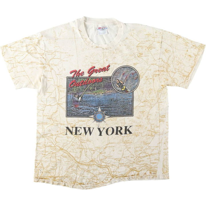 90'S Hanes BEEFY-T All-Over Print T-Shirt, Made in USA, Men's Size L (approx.) cotton Beige type Vintage Second Hand