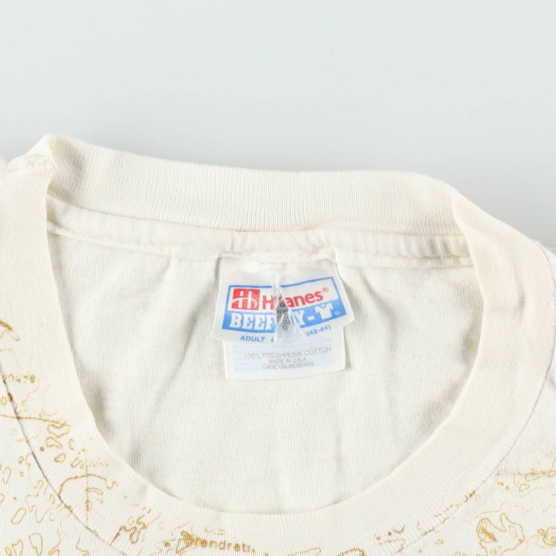 90'S Hanes BEEFY-T All-Over Print T-Shirt, Made in USA, Men's Size L (approx.) cotton Beige type Vintage Second Hand