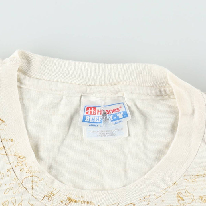 90'S Hanes BEEFY-T All-Over Print T-Shirt, Made in USA, Men's Size L (approx.) cotton Beige type Vintage Second Hand