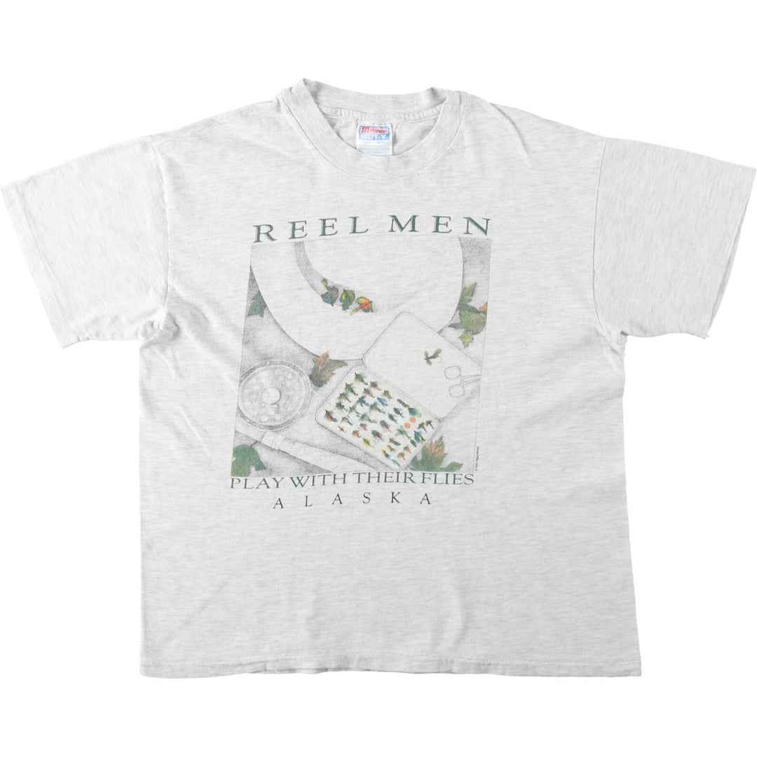 90'S Hanes BEEFY-T Printed T-shirt, Made in USA, Men's L size, Vintage cotton gray type Vintage Second Hand