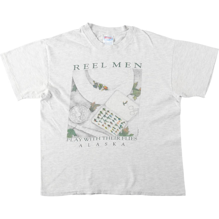 90'S Hanes BEEFY-T Printed T-shirt, Made in USA, Men's L size, Vintage cotton gray type Vintage Second Hand