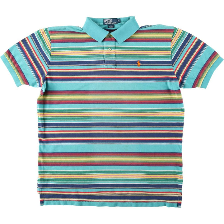 Ralph Lauren POLO by Ralph Lauren Multi-border short sleeve striped polo shirt Men's size L cotton turquoise blue Vintage Second Hand