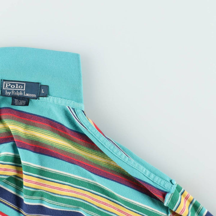 Ralph Lauren POLO by Ralph Lauren Multi-border short sleeve striped polo shirt Men's size L cotton turquoise blue Vintage Second Hand