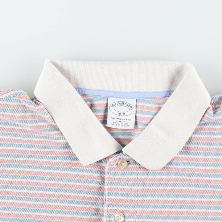 Brooks Brothers 1818 Slim Fit Short-Sleeve Striped Polo Shirt, Men's Size L (approx.) cotton coral Vintage Second Hand