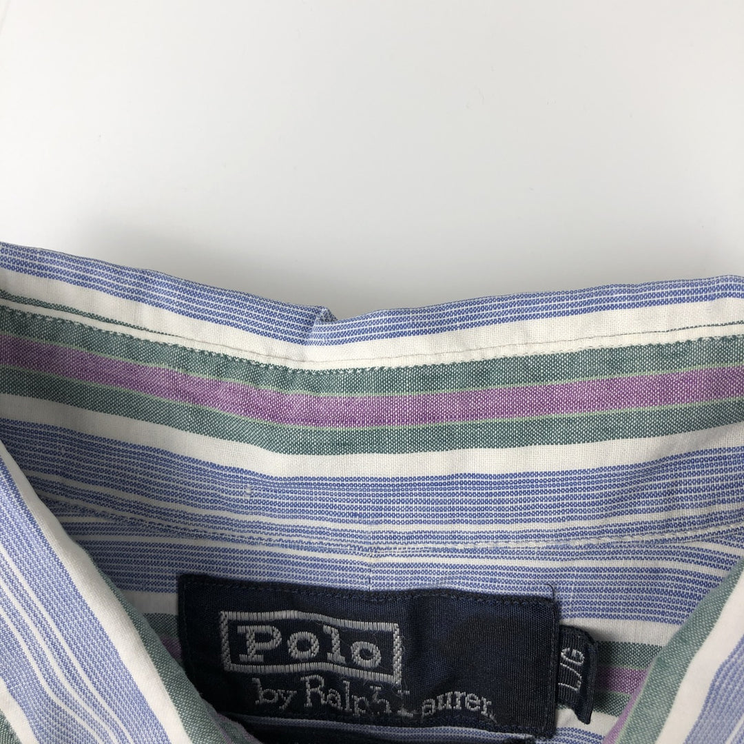 Ralph Lauren POLO by Ralph Lauren Multi-stripe Short-Sleeve Button-Down Striped Shirt, Men's Size L (approx.) cotton Blue type light blue Vintage Second Hand