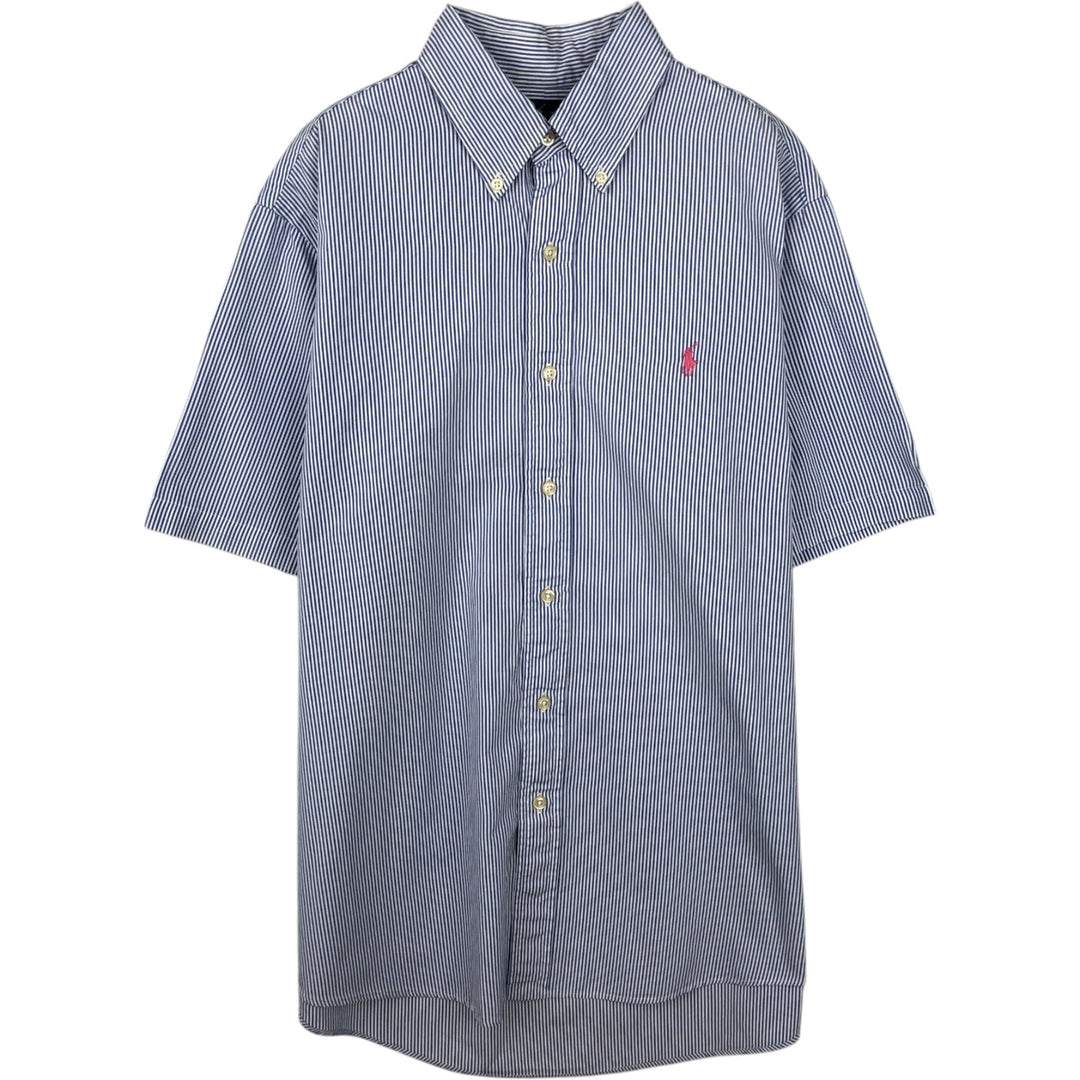 Ralph Lauren CUSTOM FIT short sleeve button down striped shirt men's size L cotton navy blue type Vintage Second Hand