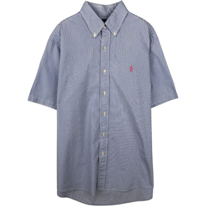 Ralph Lauren CUSTOM FIT short sleeve button down striped shirt men's size L cotton navy blue type Vintage Second Hand