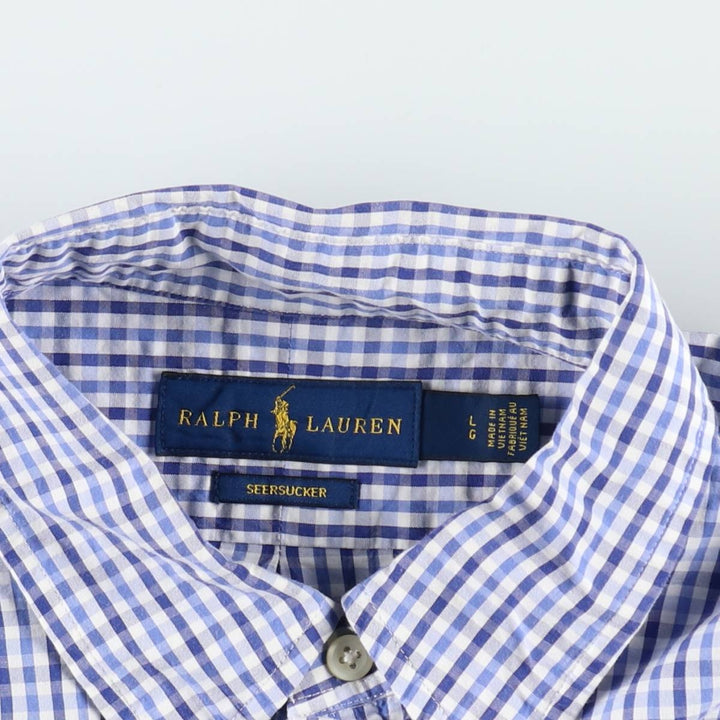 Ralph Lauren SEERSUCKER Short-Sleeve Button-Down Check Shirt, Men's Size L (approx.) cotton white type Vintage Second Hand