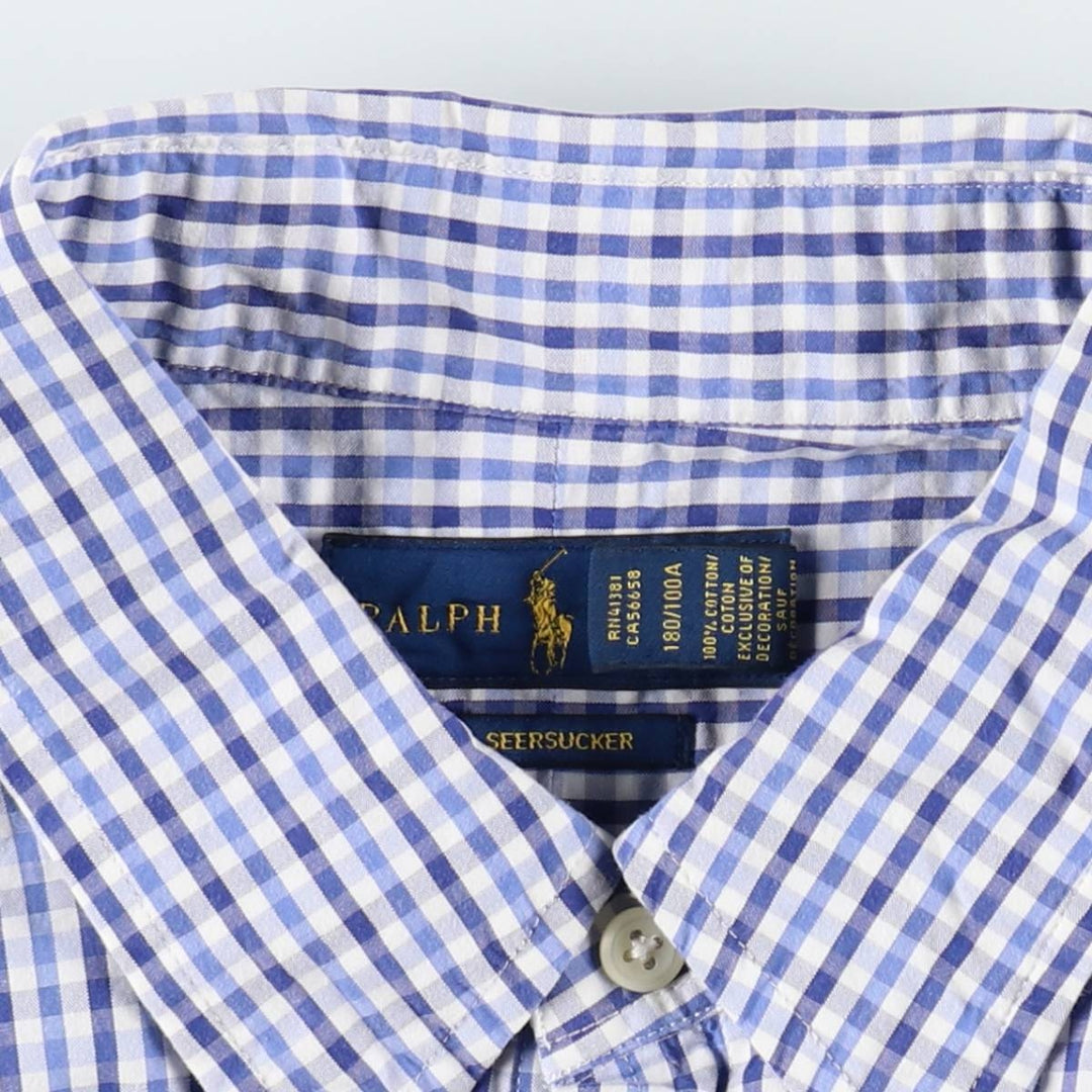 Ralph Lauren SEERSUCKER Short-Sleeve Button-Down Check Shirt, Men's Size L (approx.) cotton white type Vintage Second Hand