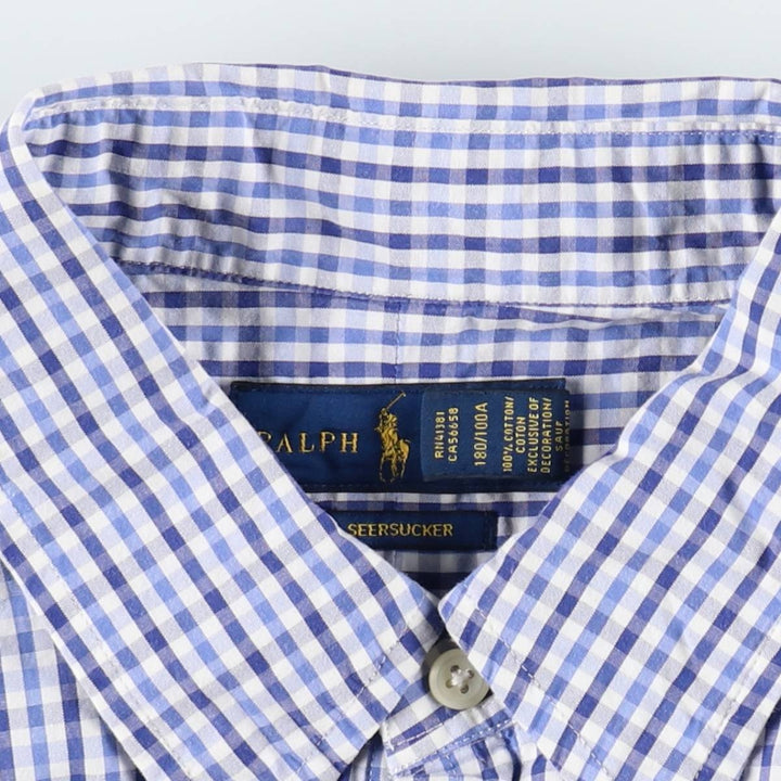 Ralph Lauren SEERSUCKER Short-Sleeve Button-Down Check Shirt, Men's Size L (approx.) cotton white type Vintage Second Hand