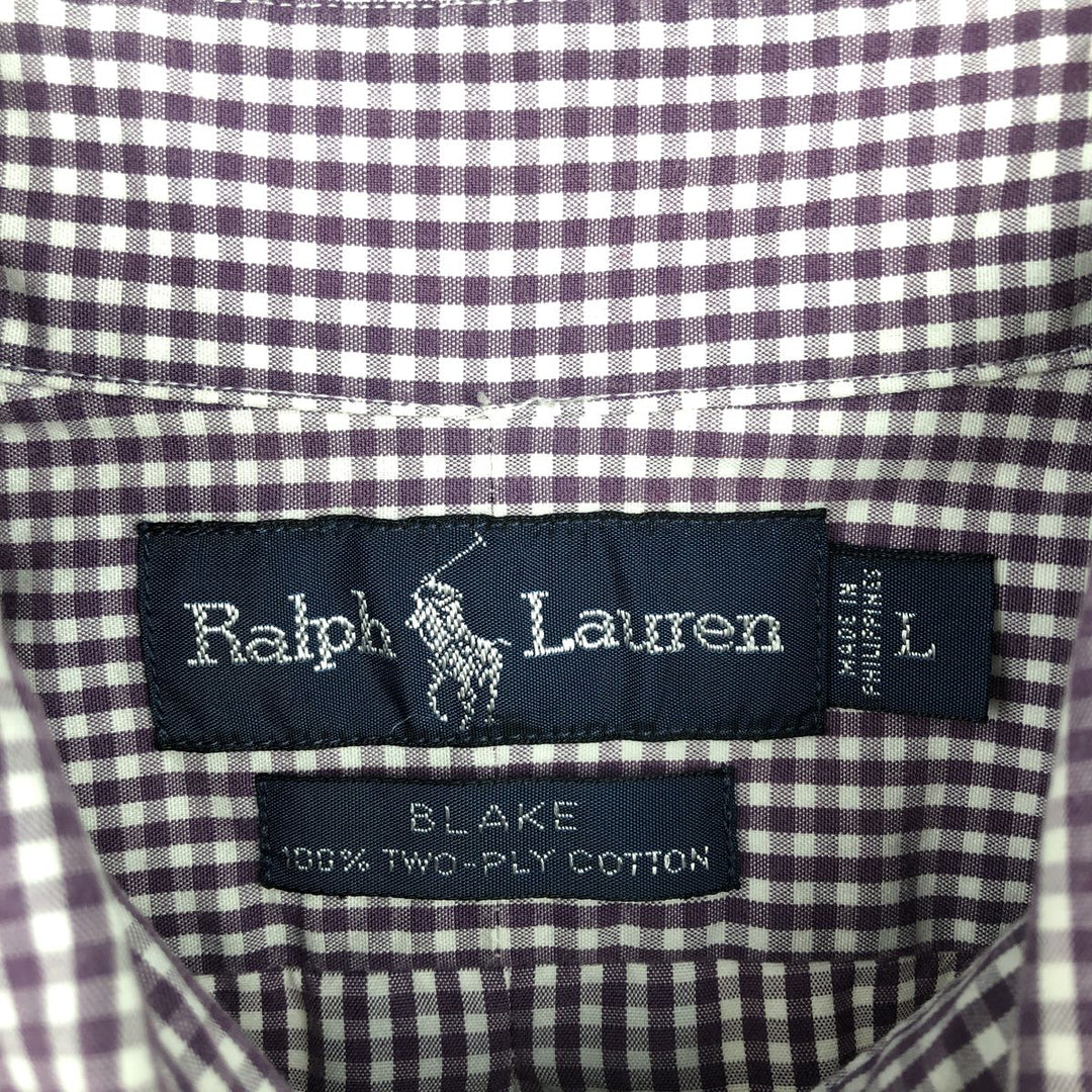 Ralph Lauren BLAKE Gingham Check Short Sleeve Button Down Check Shirt Men's Size L cotton purple type Vintage Second Hand
