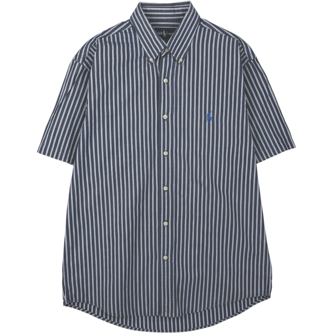 Ralph Lauren CUSTOM FIT short sleeve button down striped shirt men's size L cotton Charcoal Vintage Second Hand