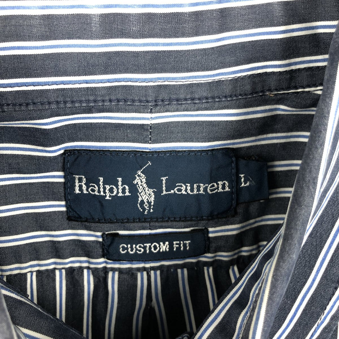 Ralph Lauren CUSTOM FIT short sleeve button down striped shirt men's size L cotton Charcoal Vintage Second Hand