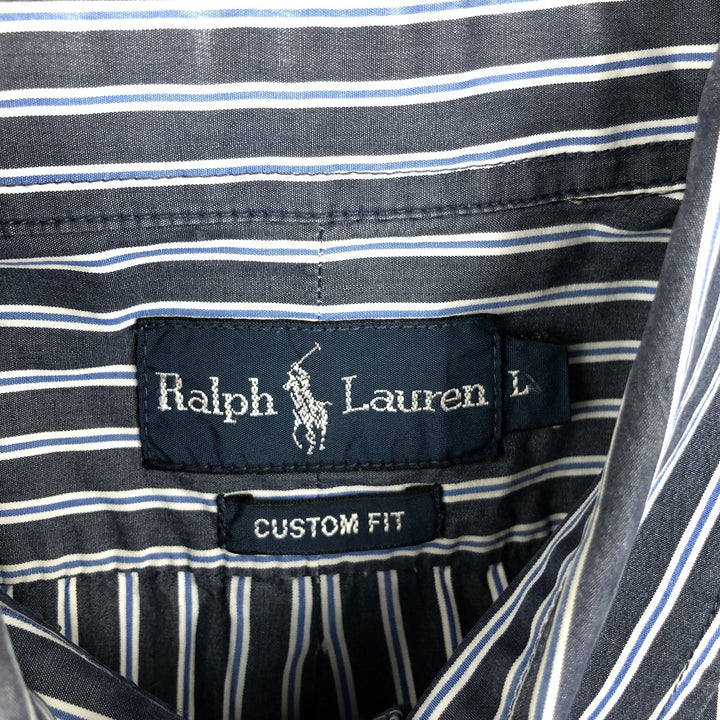 Ralph Lauren CUSTOM FIT short sleeve button down striped shirt men's size L cotton Charcoal Vintage Second Hand