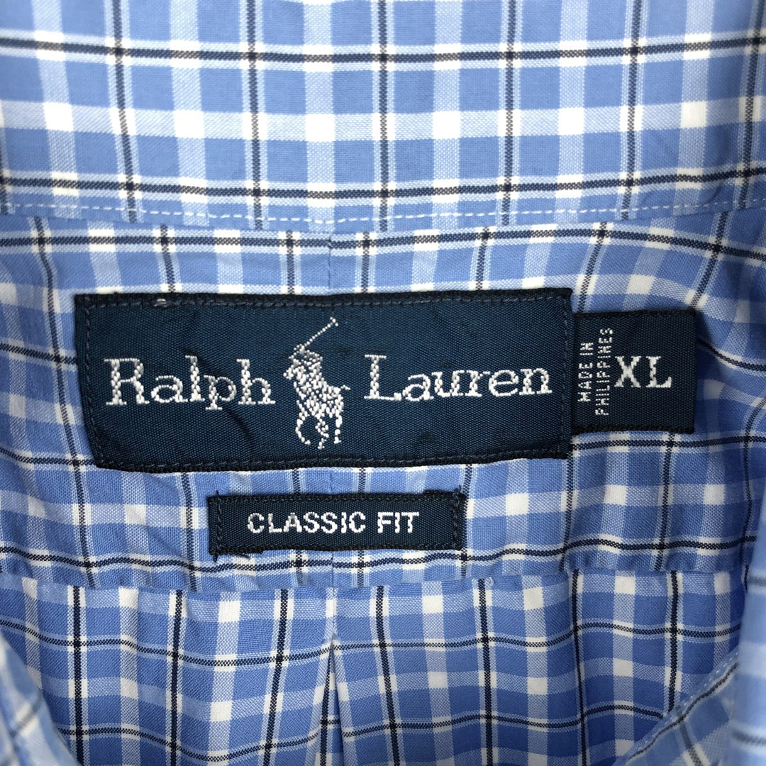 Ralph Lauren Classic Fit short sleeve button down check shirt, men's size XL cotton Blue type light blue Vintage Second Hand