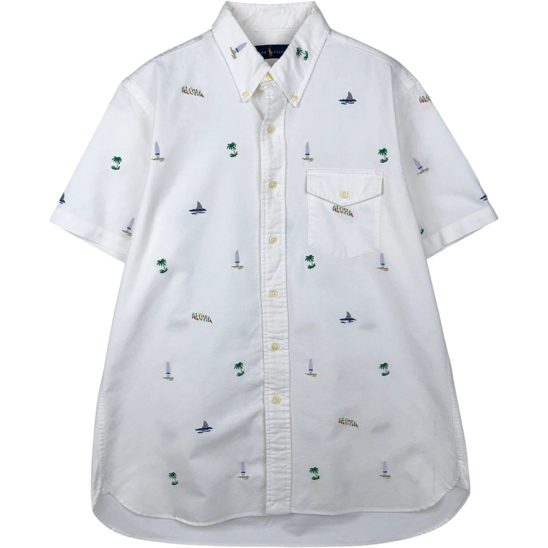 Ralph Lauren all-over print embroidered short-sleeved button-down shirt, men's size M (approx.) cotton white type Vintage Second Hand