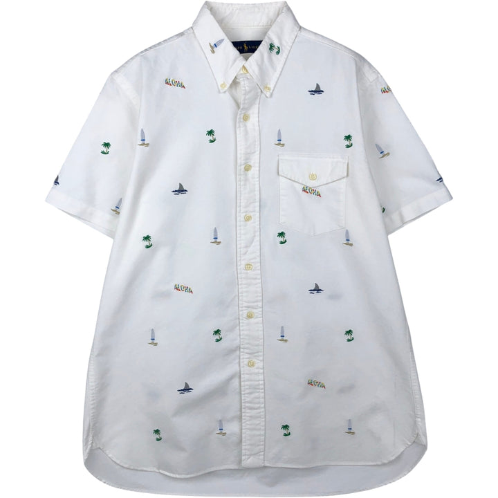 Ralph Lauren all-over print embroidered short-sleeved button-down shirt, men's size M (approx.) cotton white type Vintage Second Hand