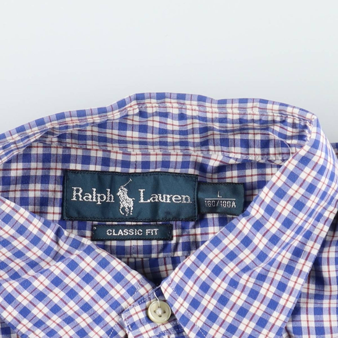 Ralph Lauren Classic Fit Short Sleeve Button Down Check Shirt Men's Size L cotton navy blue type Vintage Second Hand