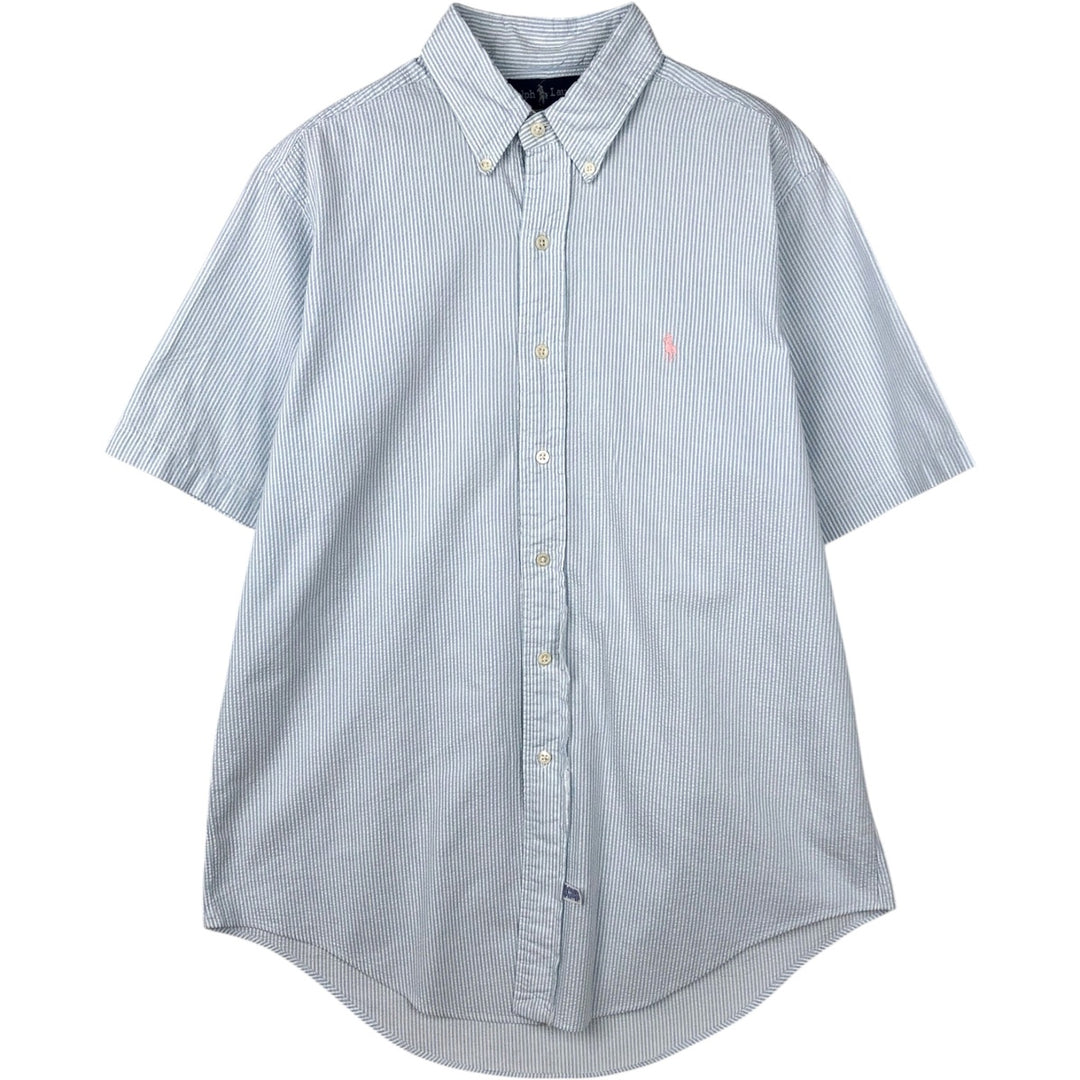 Ralph Lauren Seersucker Short Sleeve Button-Down Striped Shirt, Men's Size L cotton Blue type light blue Vintage Second Hand