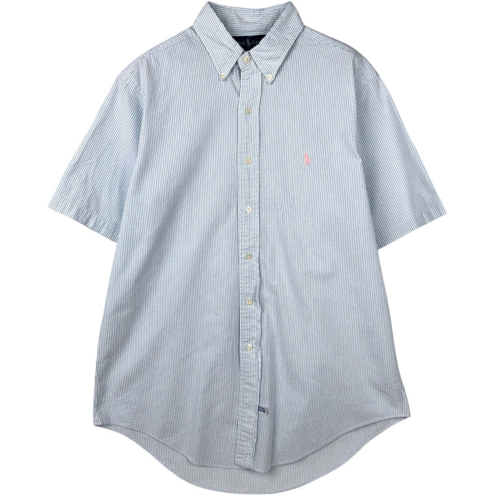 Ralph Lauren Seersucker Short Sleeve Button-Down Striped Shirt, Men's Size L cotton Blue type light blue Vintage Second Hand