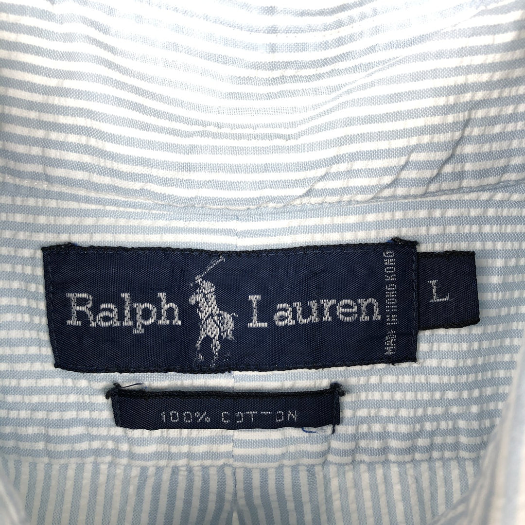 Ralph Lauren Seersucker Short Sleeve Button-Down Striped Shirt, Men's Size L cotton Blue type light blue Vintage Second Hand