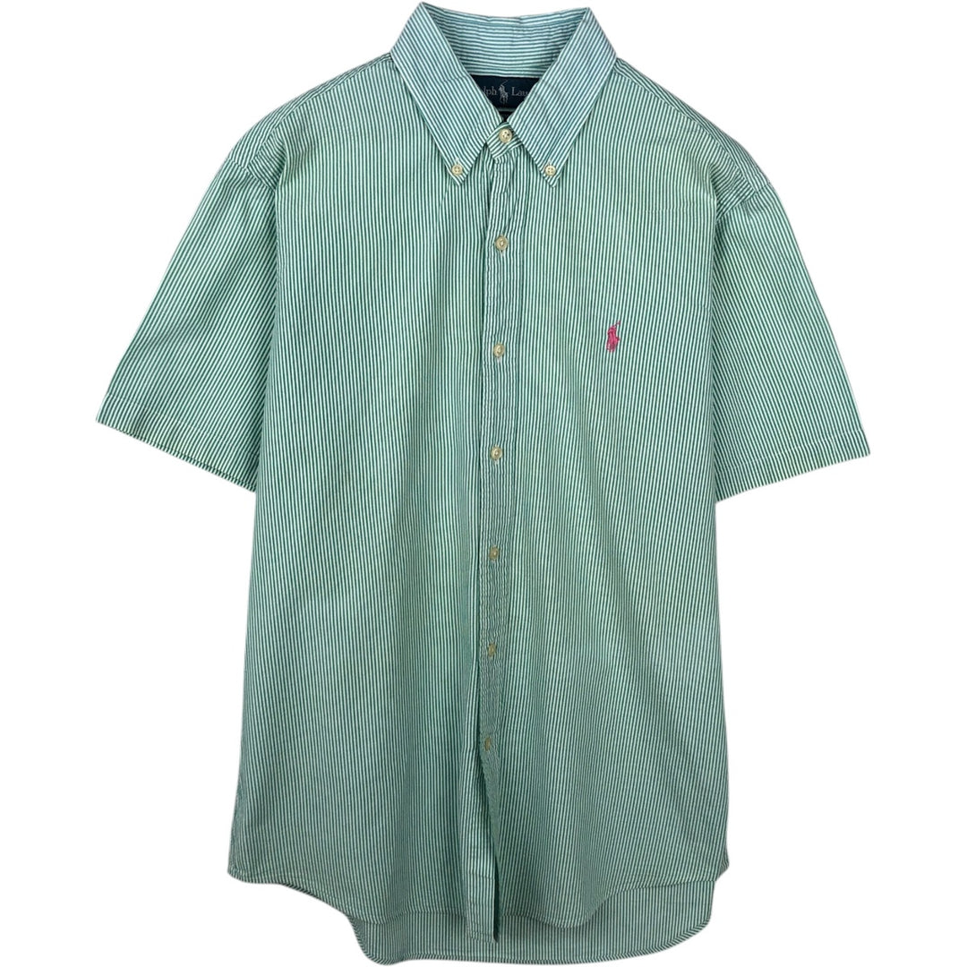 Ralph Lauren CUSTOM FIT seersucker short-sleeved button-down striped shirt, men's size M (approx.) cotton green type Vintage Second Hand