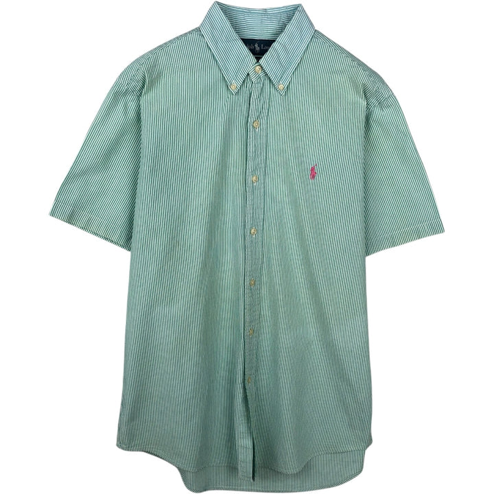 Ralph Lauren CUSTOM FIT seersucker short-sleeved button-down striped shirt, men's size M (approx.) cotton green type Vintage Second Hand