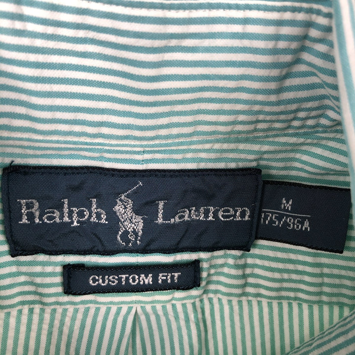 Ralph Lauren CUSTOM FIT seersucker short-sleeved button-down striped shirt, men's size M (approx.) cotton green type Vintage Second Hand