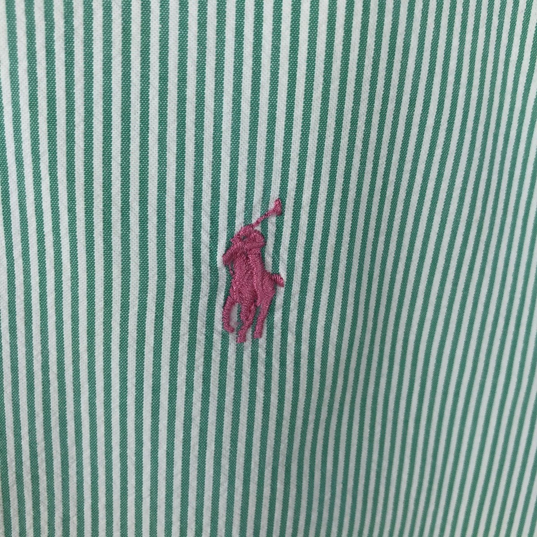 Ralph Lauren CUSTOM FIT seersucker short-sleeved button-down striped shirt, men's size M (approx.) cotton green type Vintage Second Hand