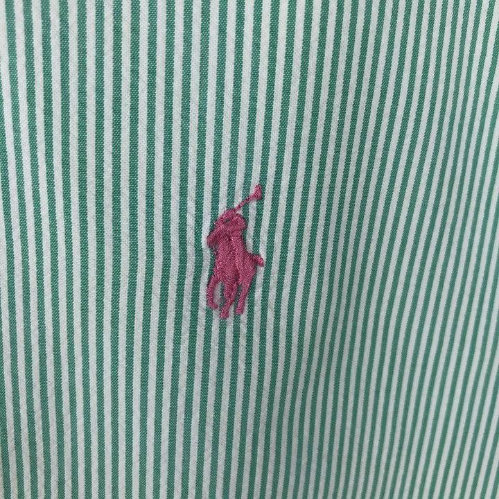 Ralph Lauren CUSTOM FIT seersucker short-sleeved button-down striped shirt, men's size M (approx.) cotton green type Vintage Second Hand