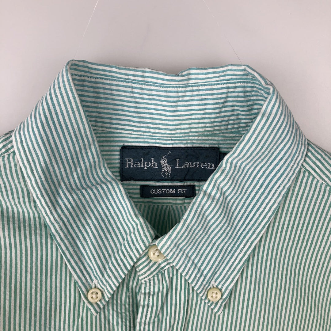 Ralph Lauren CUSTOM FIT seersucker short-sleeved button-down striped shirt, men's size M (approx.) cotton green type Vintage Second Hand