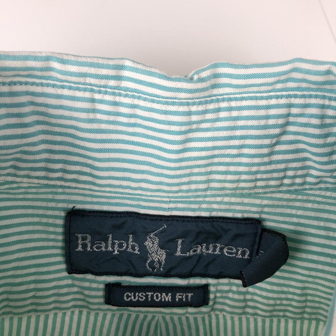 Ralph Lauren CUSTOM FIT seersucker short-sleeved button-down striped shirt, men's size M (approx.) cotton green type Vintage Second Hand