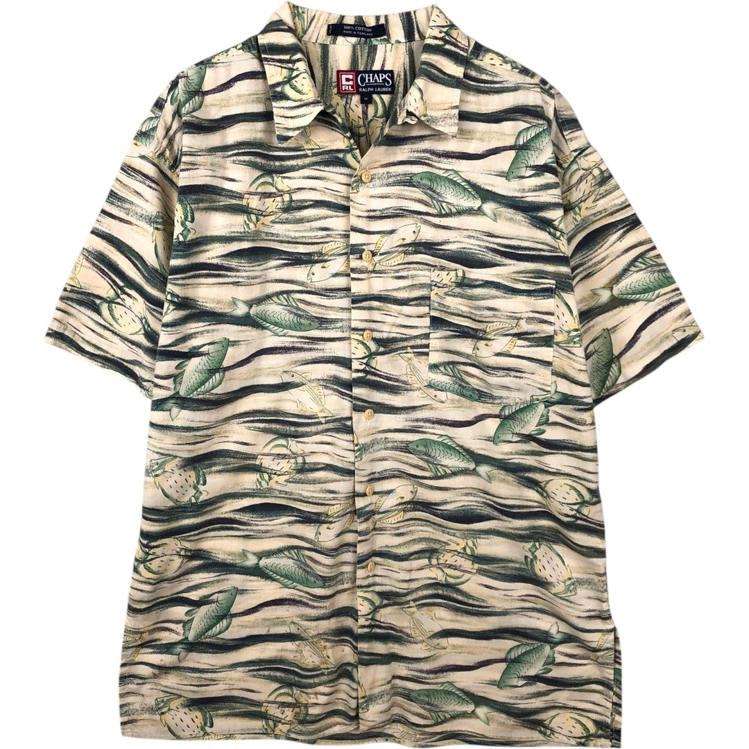 Ralph Lauren CHAPS all-over fish print short-sleeved open-collar cotton shirt, men's size M (approx.) cotton unbleached Vintage Second Hand