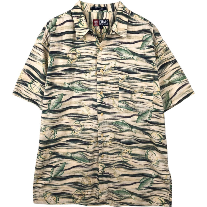 Ralph Lauren CHAPS all-over fish print short-sleeved open-collar cotton shirt, men's size M (approx.) cotton unbleached Vintage Second Hand