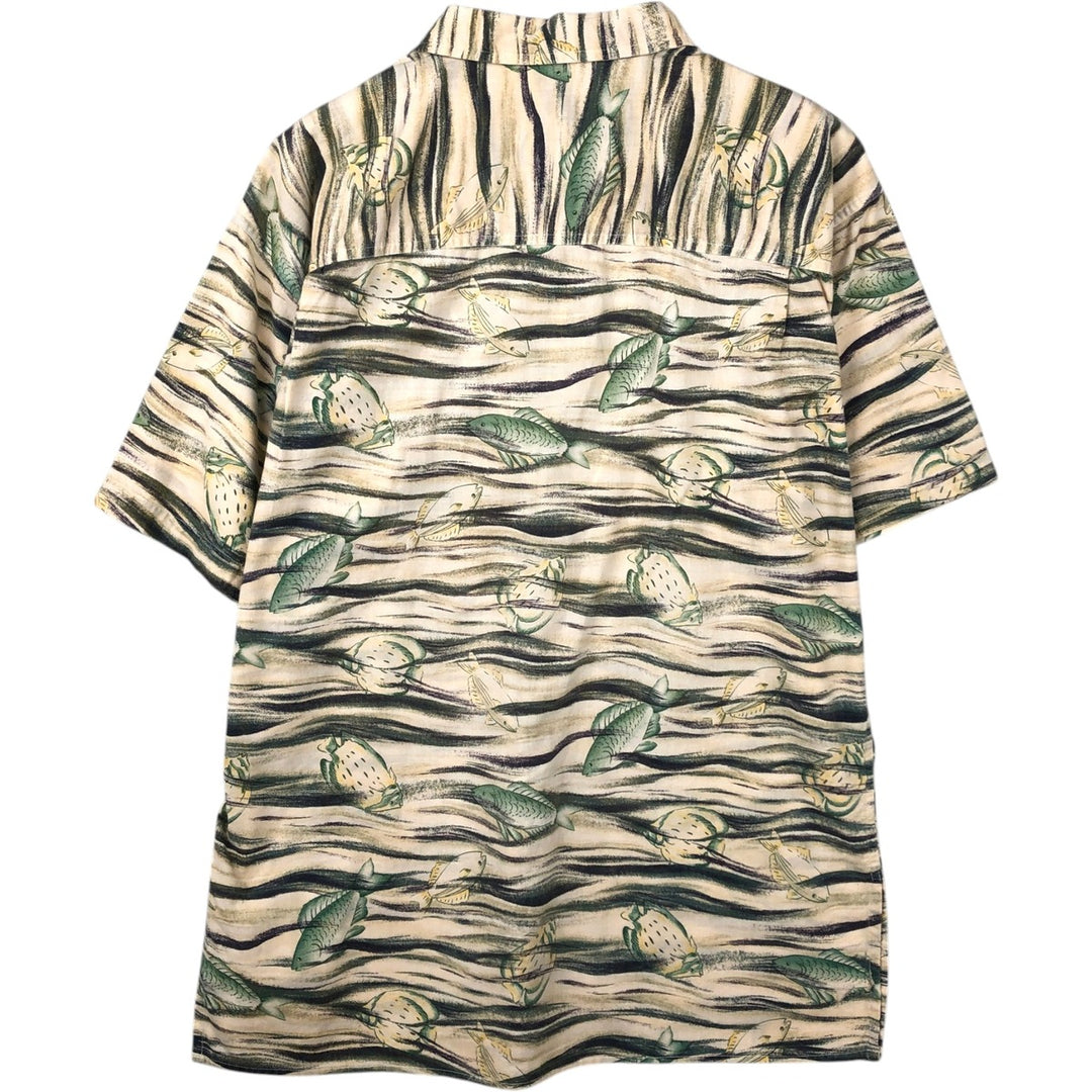 Ralph Lauren CHAPS all-over fish print short-sleeved open-collar cotton shirt, men's size M (approx.) cotton unbleached Vintage Second Hand