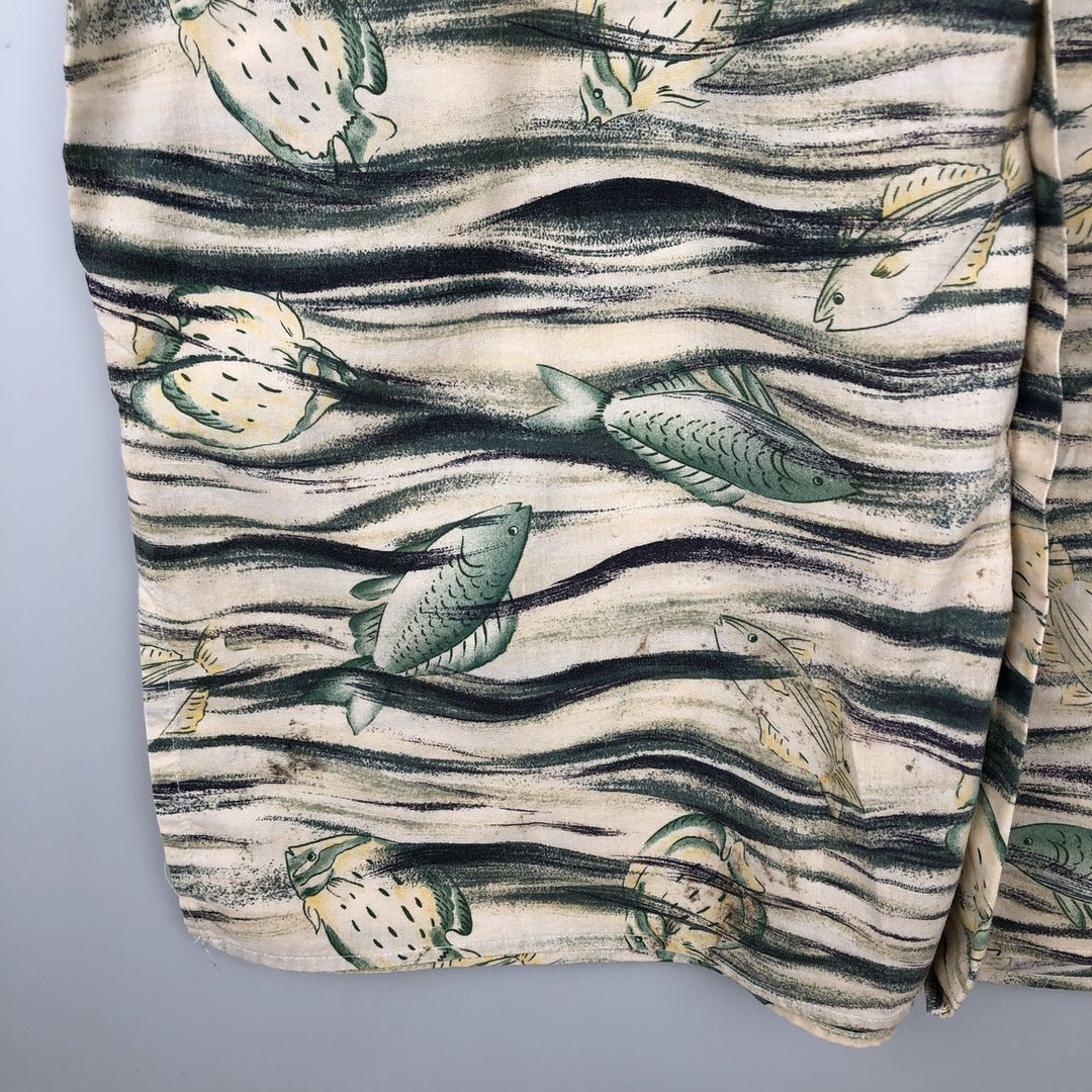 Ralph Lauren CHAPS all-over fish print short-sleeved open-collar cotton shirt, men's size M (approx.) cotton unbleached Vintage Second Hand