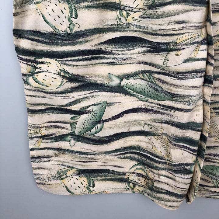 Ralph Lauren CHAPS all-over fish print short-sleeved open-collar cotton shirt, men's size M (approx.) cotton unbleached Vintage Second Hand