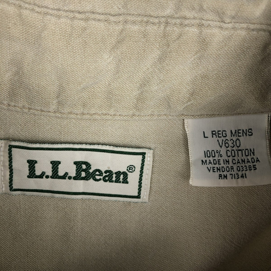 ~90'S LLBean Short-Sleeve Button-Down Shirt, Made in Canada, Men's Size L (approx.), Vintage cotton beige type brown Vintage Second Hand