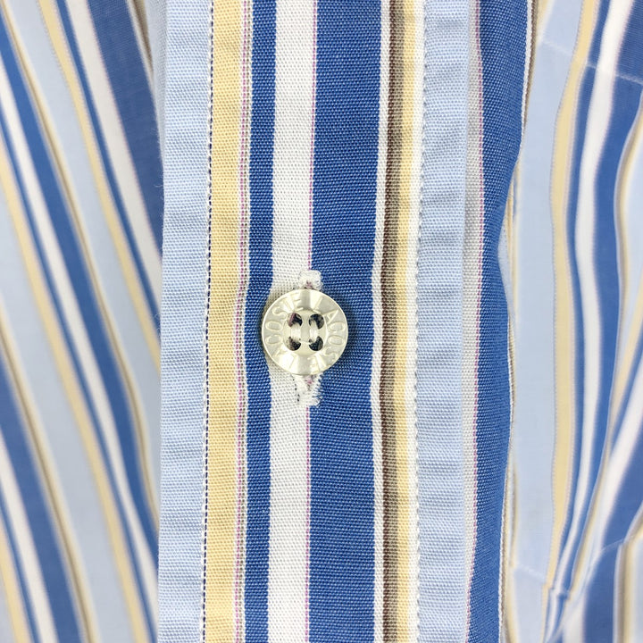 Lacoste Multi-Stripe Short-Sleeve Button-Down Striped Shirt, Men's Size L (approx.) cotton Blue type light blue Vintage Second Hand