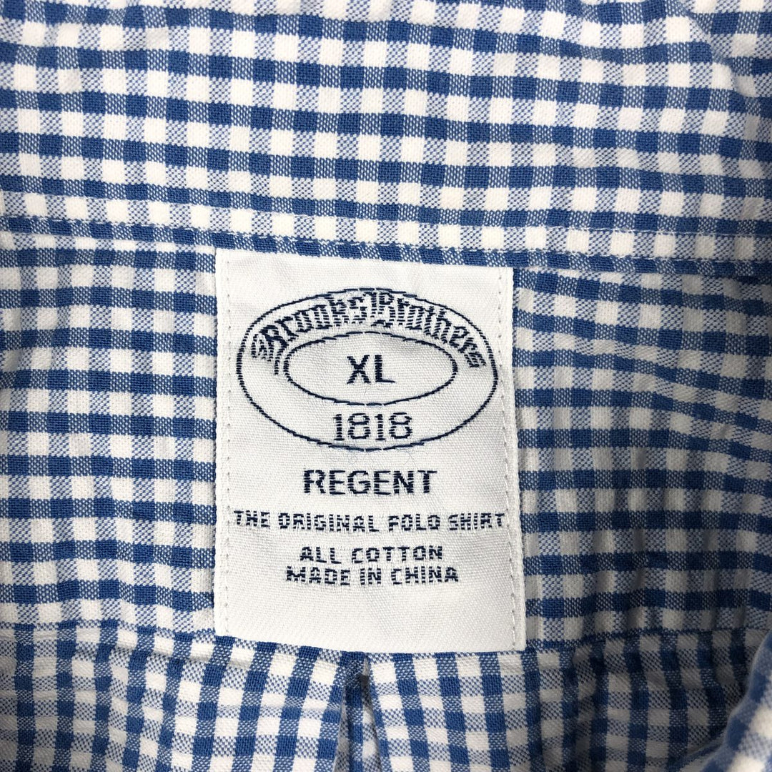 Brooks Brothers 1818 Gingham Check Seersucker Short Sleeve Button-Down Check Shirt, Men's Size XL cotton blue type Vintage Second Hand