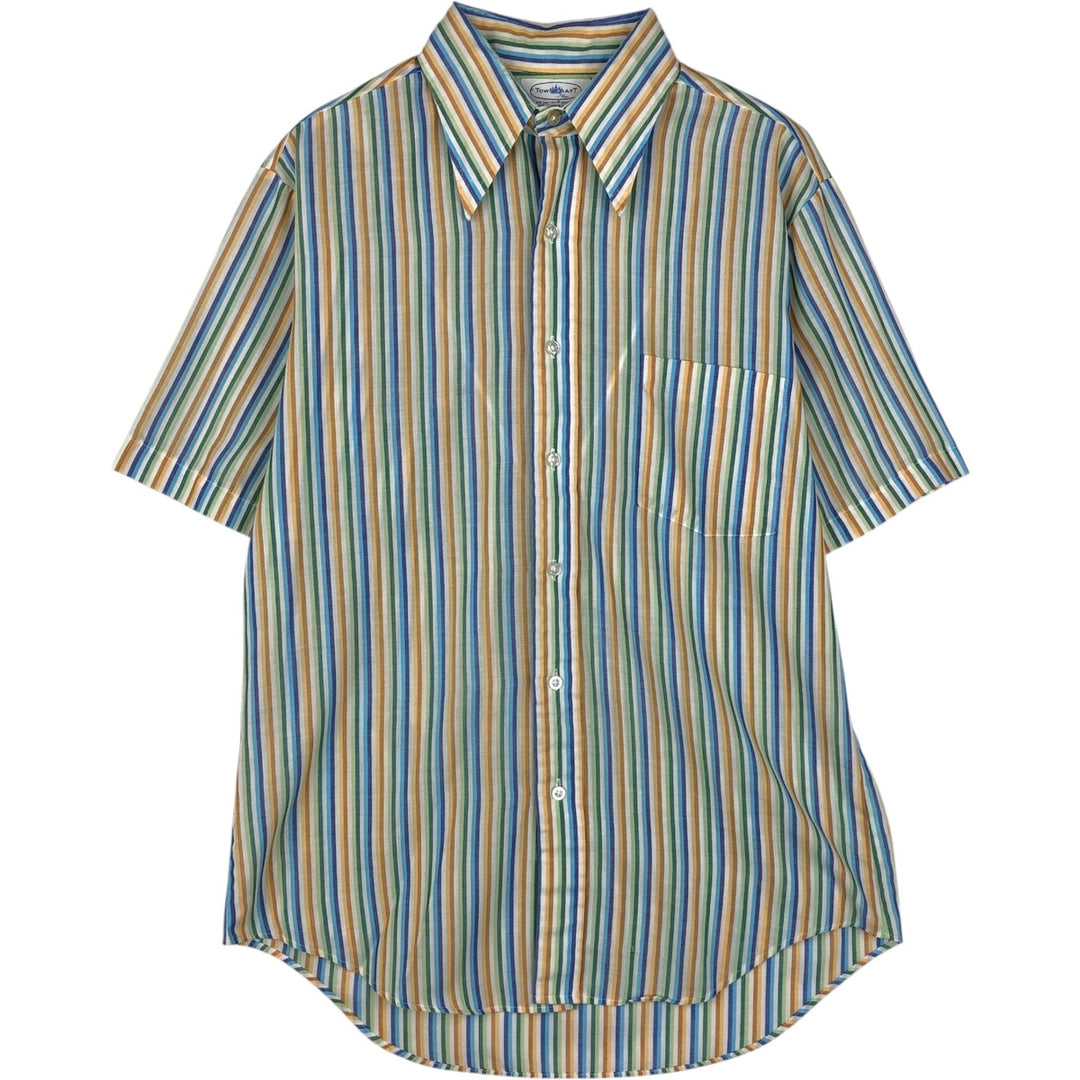 60s-70'S Town Craft Plus Multi-Stripe Short-Sleeve Polyester Shirt, Men's Size L (Equivalent), Vintage polyester blue type Vintage Second Hand