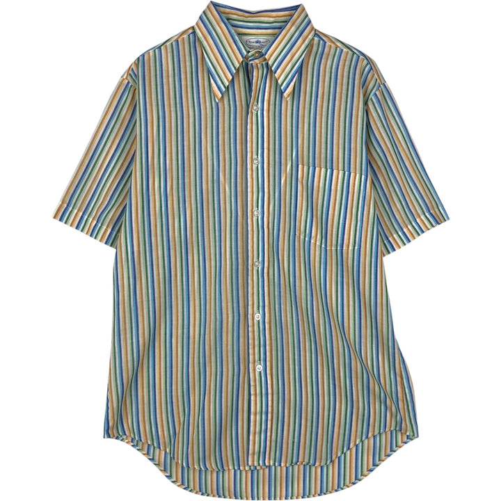 60s-70'S Town Craft Plus Multi-Stripe Short-Sleeve Polyester Shirt, Men's Size L (Equivalent), Vintage polyester blue type Vintage Second Hand