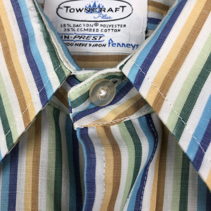 60s-70'S Town Craft Plus Multi-Stripe Short-Sleeve Polyester Shirt, Men's Size L (Equivalent), Vintage polyester blue type Vintage Second Hand