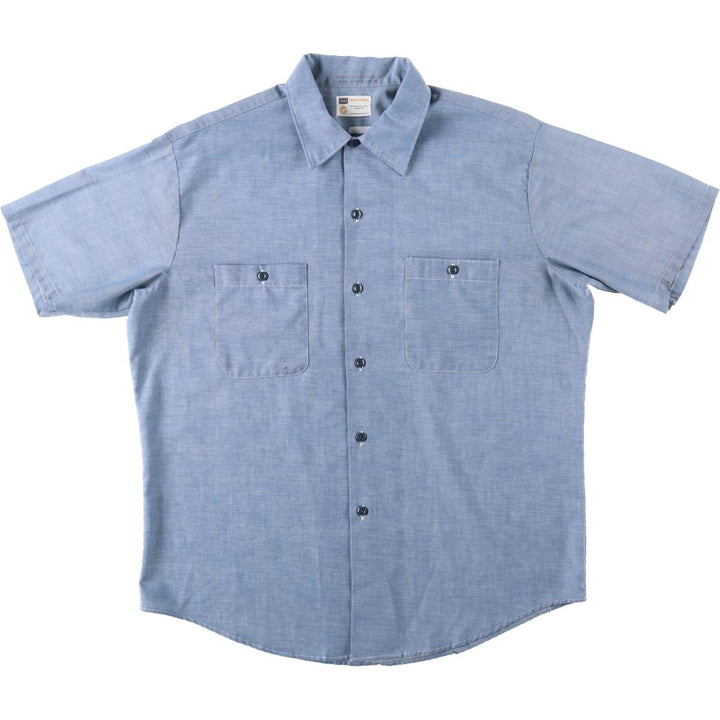 1970'S Sears PERMA-PREST Short-Sleeve Chambray Shirt, Men's Size L (approx.), Vintage polyester blue type Vintage Second Hand