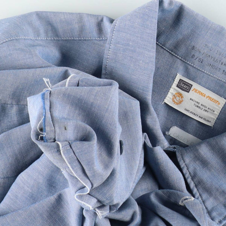 1970'S Sears PERMA-PREST Short-Sleeve Chambray Shirt, Men's Size L (approx.), Vintage polyester blue type Vintage Second Hand