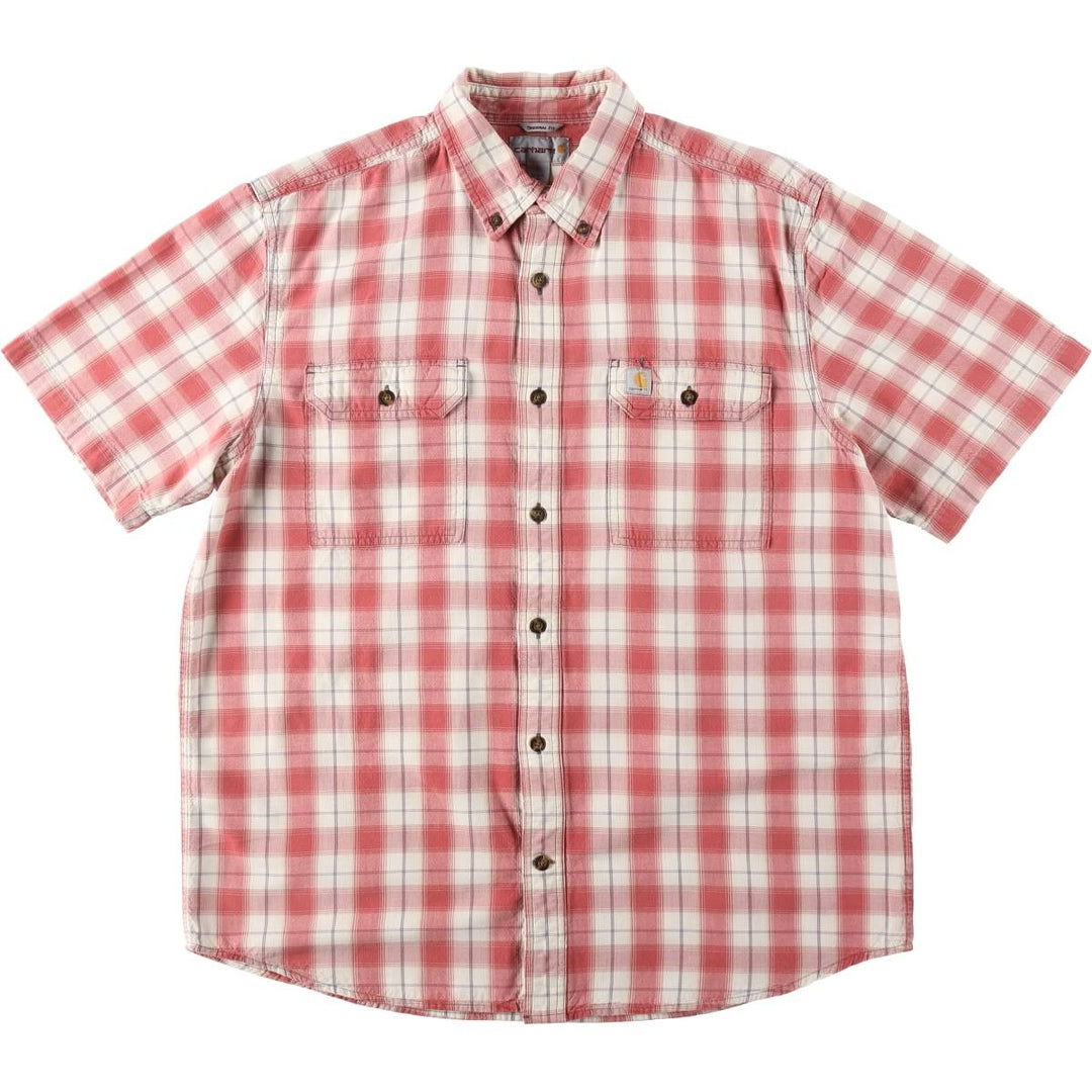 Carhartt ORIGINAL FIT Check Pattern Button-Down Short-Sleeve Work Shirt (Men's Size L) cotton burgundy type Vintage Second Hand