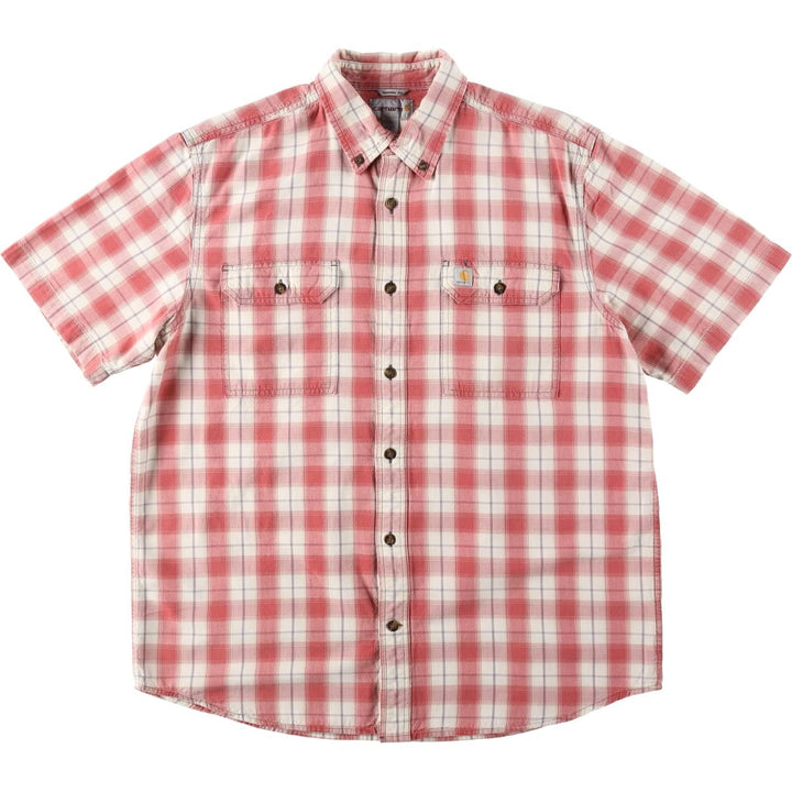 Carhartt ORIGINAL FIT Check Pattern Button-Down Short-Sleeve Work Shirt (Men's Size L) cotton burgundy type Vintage Second Hand